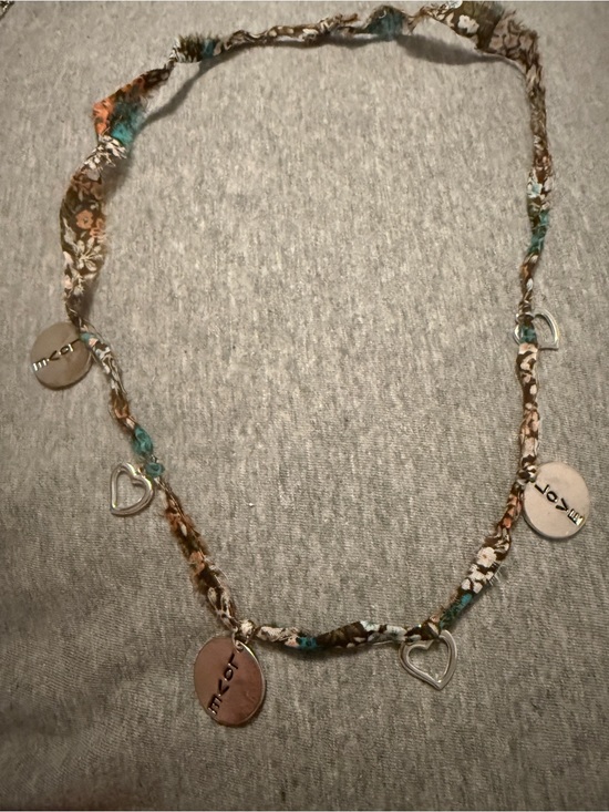Jewelry - Boho Floral Fabric Necklace with Teal & Brown Accents & Silver Heart Love Charms